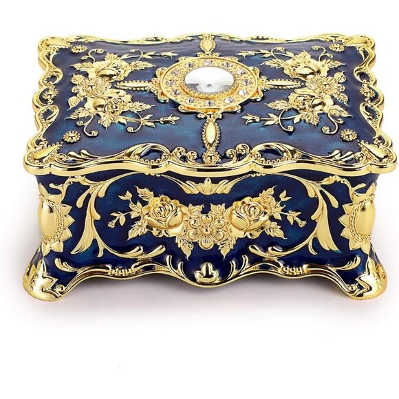✨Hipiwe Women Blue Jewelry Box Enameled Trinket Two Layer Treasure Jewelry